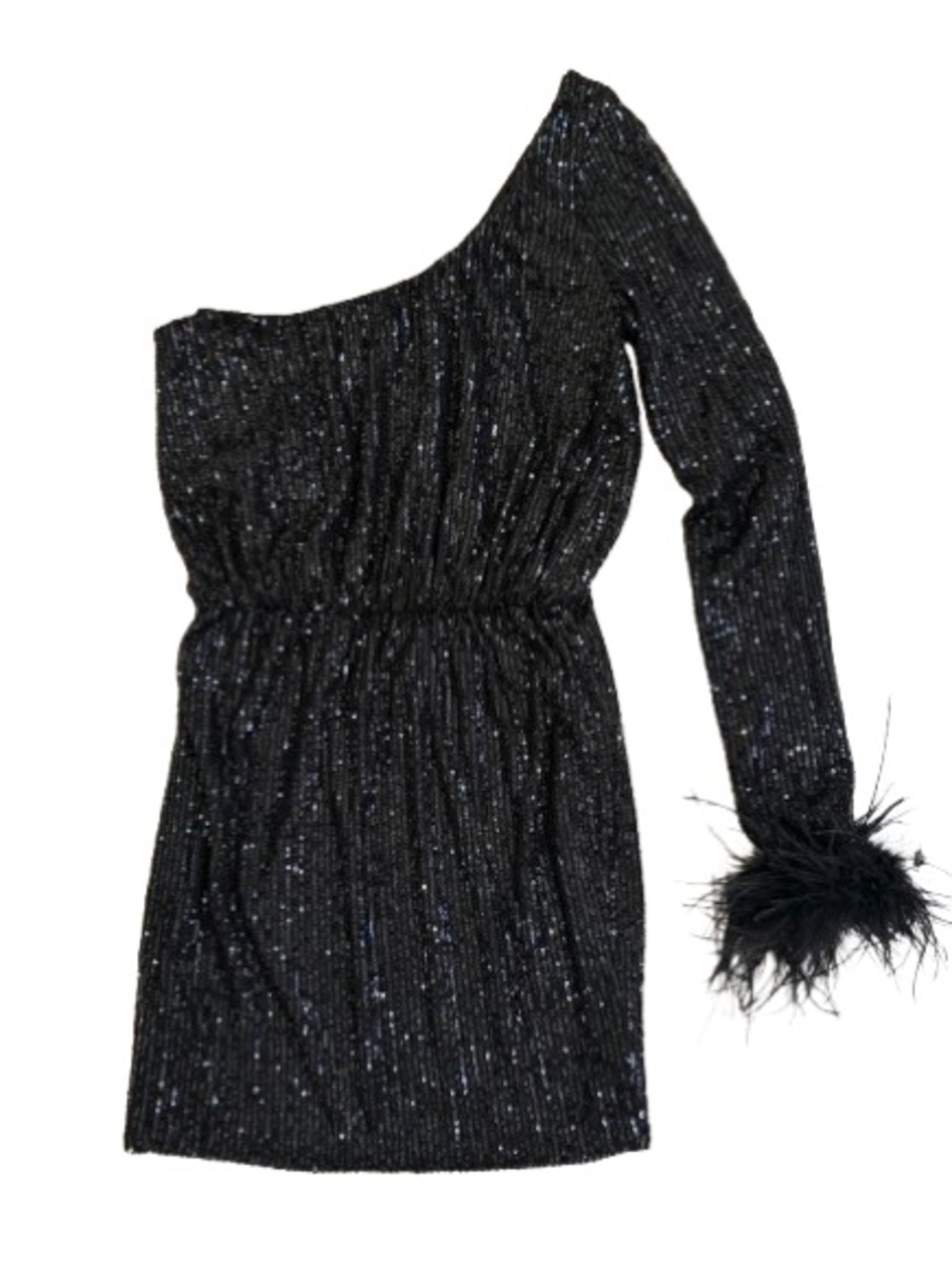 NEW Black Sequin One-Shoulder Mini Dress Feather Cuff Size Small